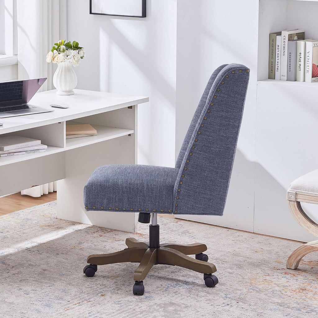 Armless Home with Wooden Legs, Modern Adjustable Upholstered Office Desk Chair No Arms Computer Chair Swivel Chair