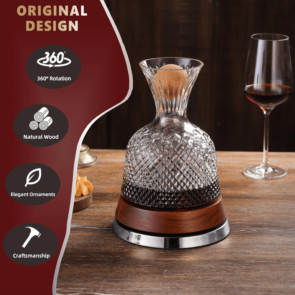 Rotating Wine Decanter Set with Solid Wood Base, Fun Crystal Glass Wine Carafe, Red Wine Decanter, Wine Accessories