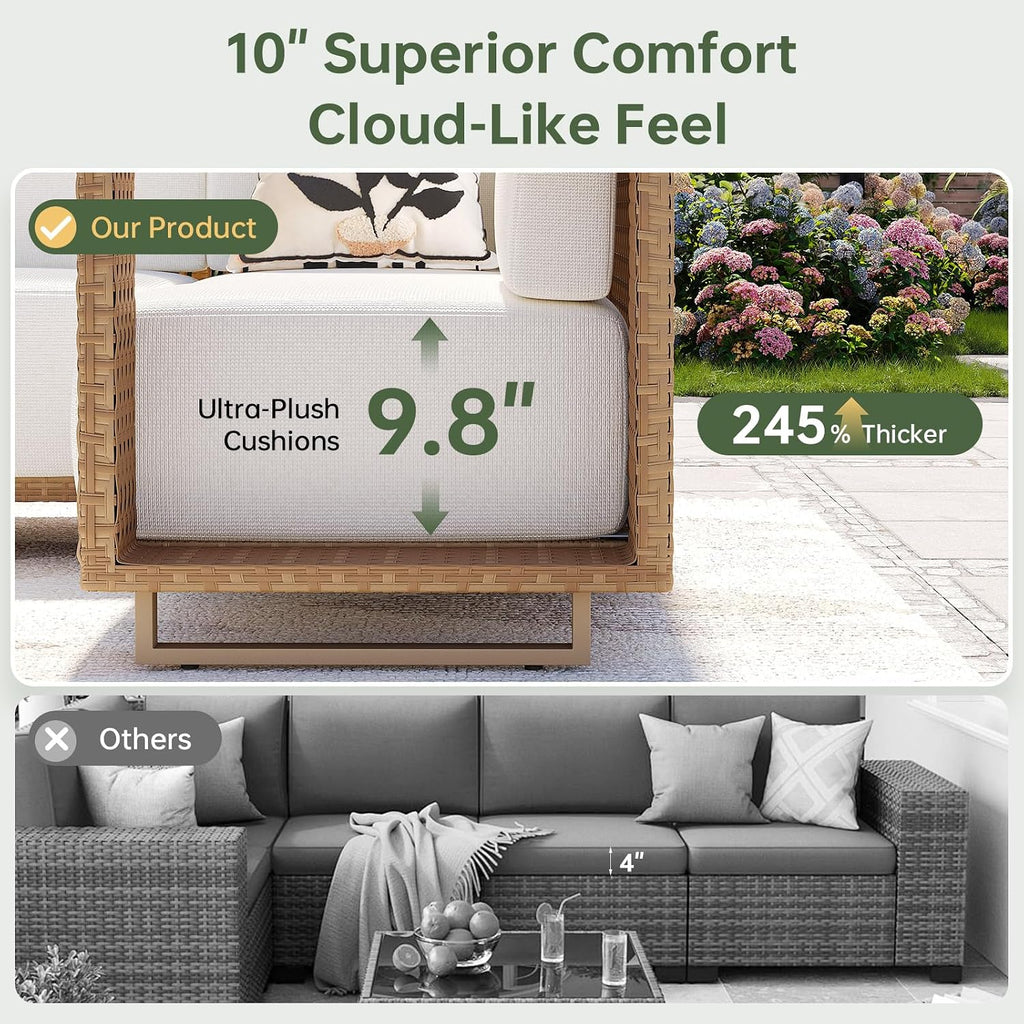 Patio Furniture Set, 6 Piece Outdoor Wicker Sofa, Yellow/Beige | All‐Weather Rattan Modular Sofa with 10''