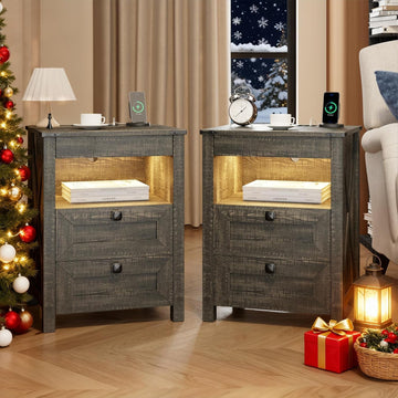 Nightstands Set of 2 with Gun Drawer, Farmhouse Bedside Table with Charging Station, Gun Night Stand with LED Light &