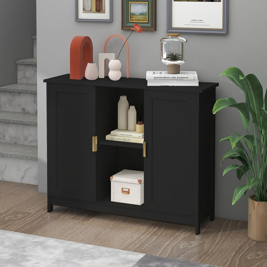 Black Buffet Cabinet,Modern Narrow Sideboard Buffet Cabinet Wooden Side Table with Storage,Black Accent Cabinets