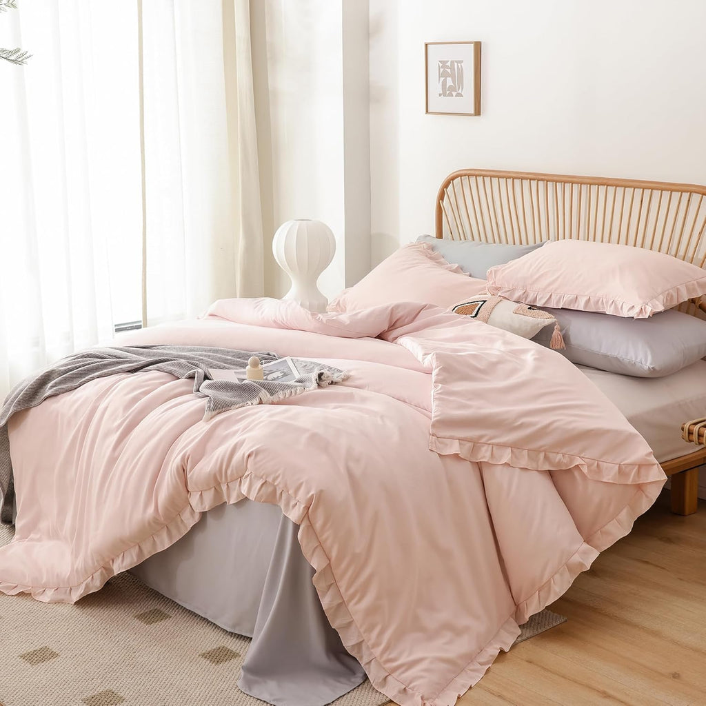 Soft Fluffy Comforter Set 3PCS (1 Ruffled Blush Comforter Set and 2 Pillowcases) Vintage Shabby Chic Bedding