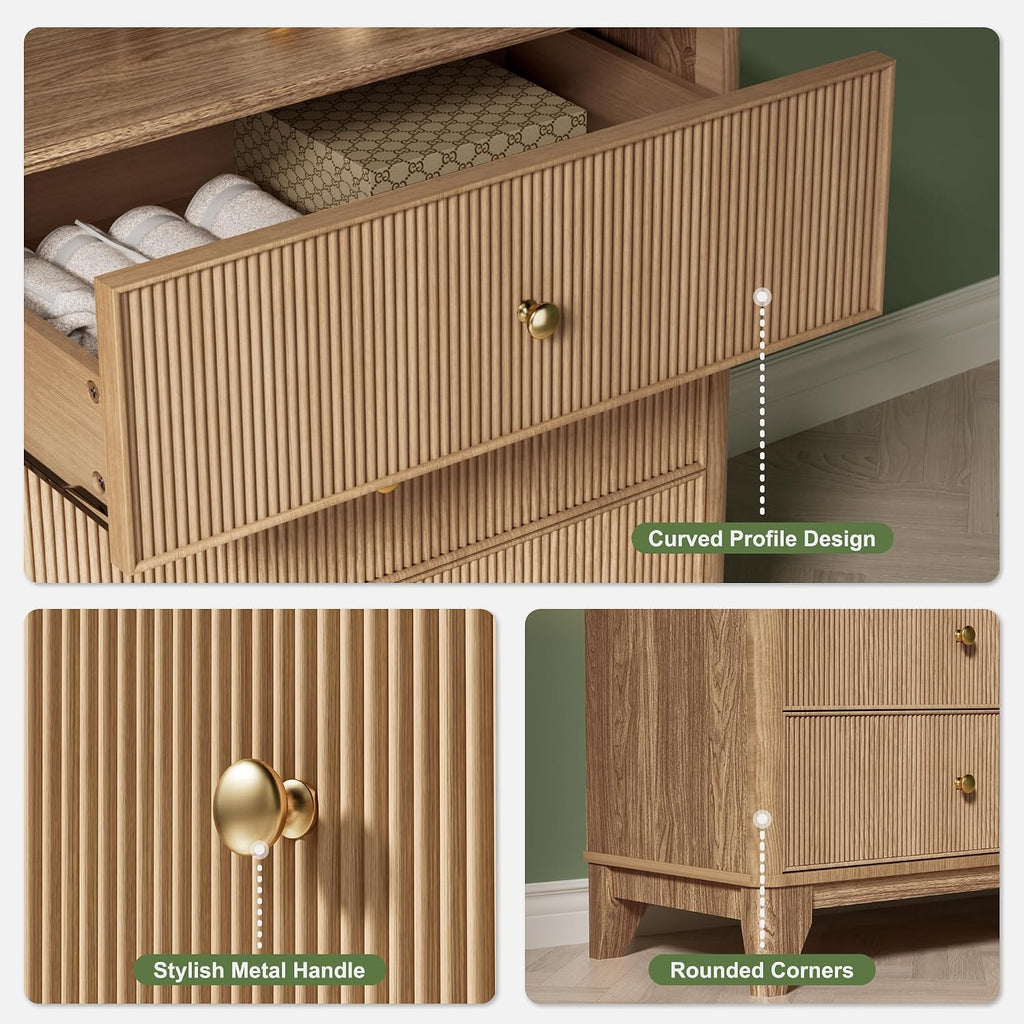 Fluted 6 Drawers Dresser, 54" Wide Modern Chest of Drawers with Round Corners, Wooden Dresser TV Stand, Wood Drawer