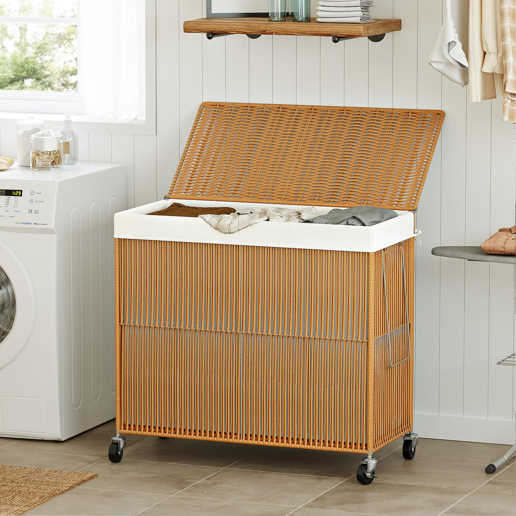 Laundry Basket 3 Section, Handwoven Laundry Hamper with Wheels
