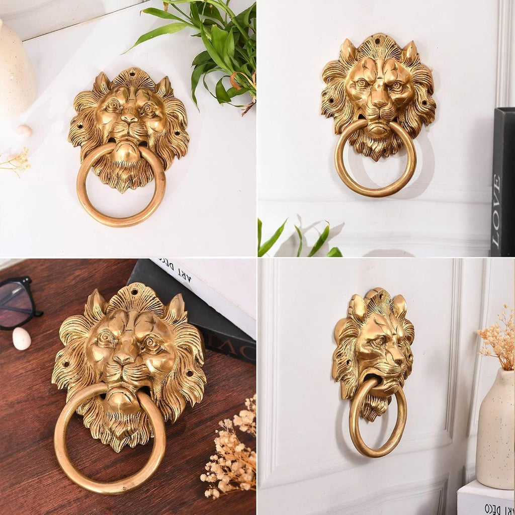 Lion Head Brass Door Knocker Authentic Vintage Unique Front Door Holder with Gold Finish Rare Solid Door Accessories