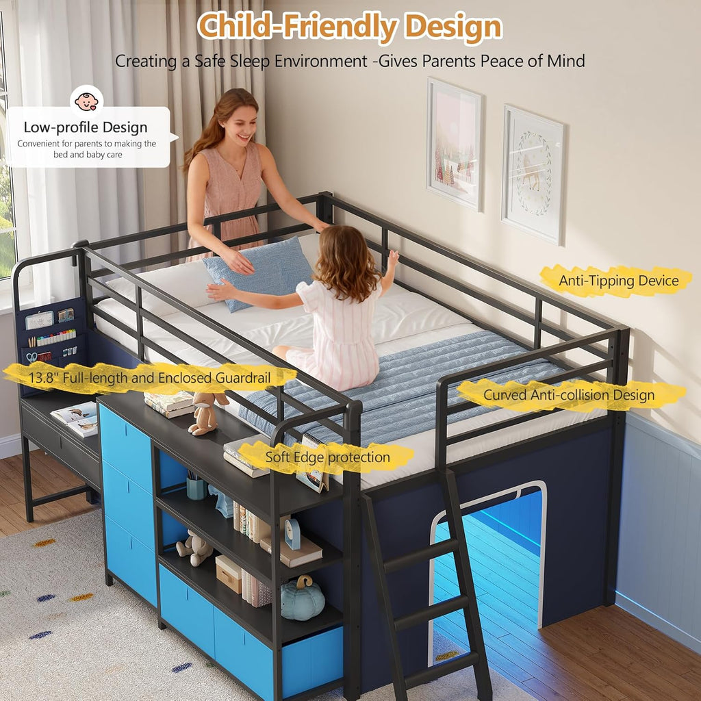 Low Loft Bed with Desk and 6 Storage Drawers Twin Loft Bed with Bookshelf,LED Lights & Under-Bed Play Space,Kids Twin