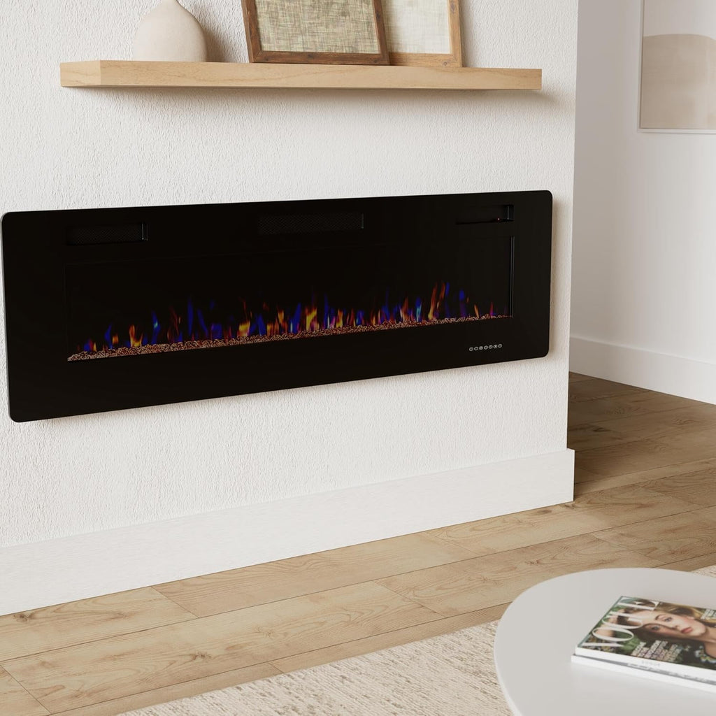 60" Recessed and Wall Mounted Electric Fireplace, Low Noise, Fit for 2 x 6 Stud, Remote Control with Timer, Touch Screen, Adjustable Flame Color and Speed