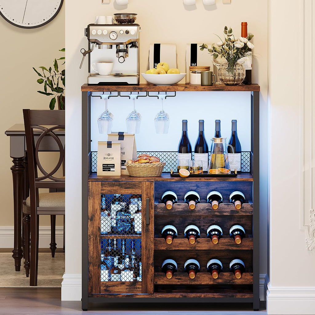 Wine Bar Rack Cabinet with LED Lights, Small Coffee Bar Cabinet | 36" Tall Liquor Bar Cabinet Kitchen Dinning Room