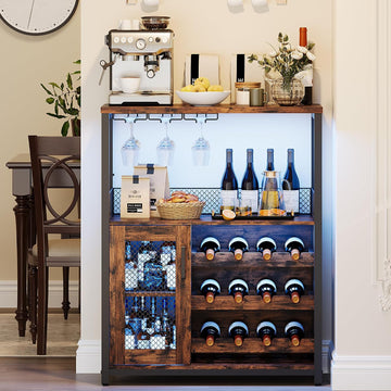 Wine Bar Cabinet with LED Lights, Liquor Cabinet with Storage | 3-Tier Coffee Bar Cabinet with Wine Rack, Glass