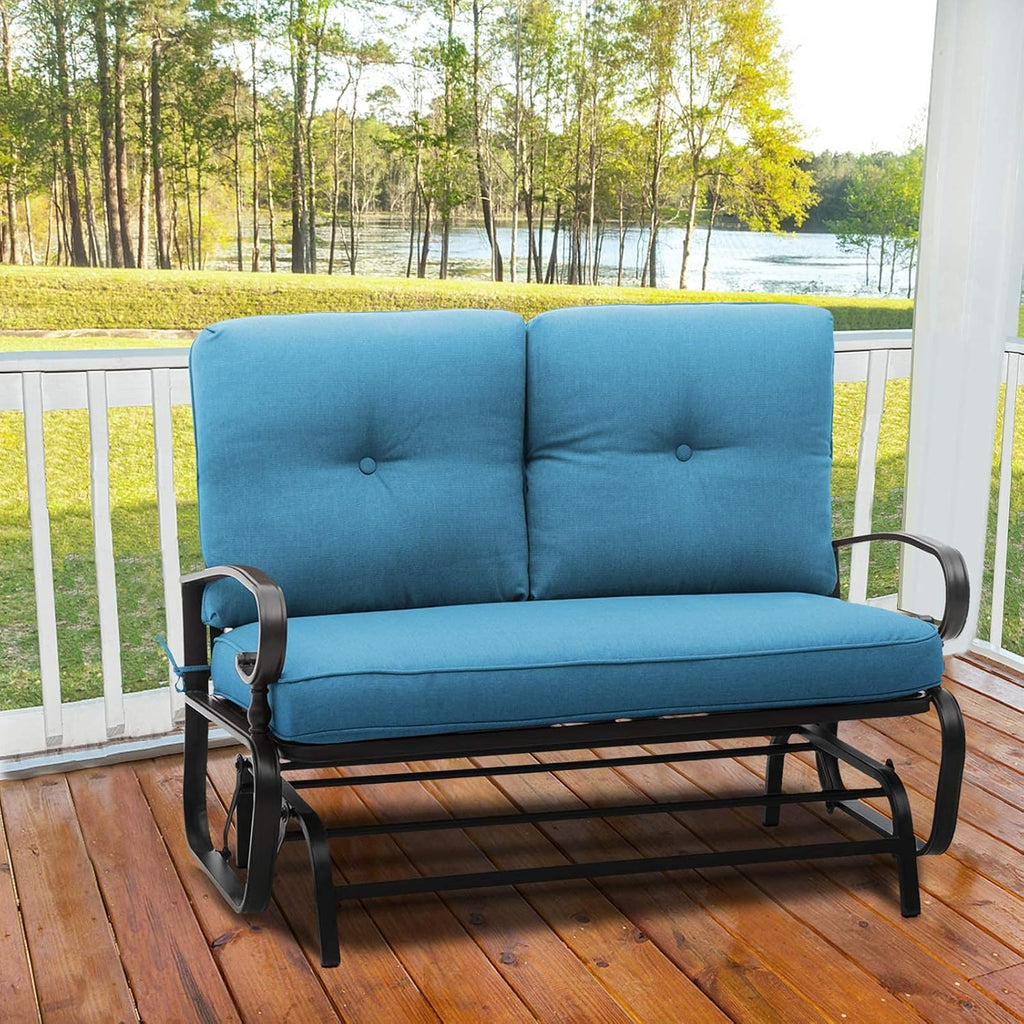 Patio Bench, Porch Glider Outdoor Swing Glider Rocking Loveseat, Steel Frame Chair with Thick Cushion (Peacock Blue)