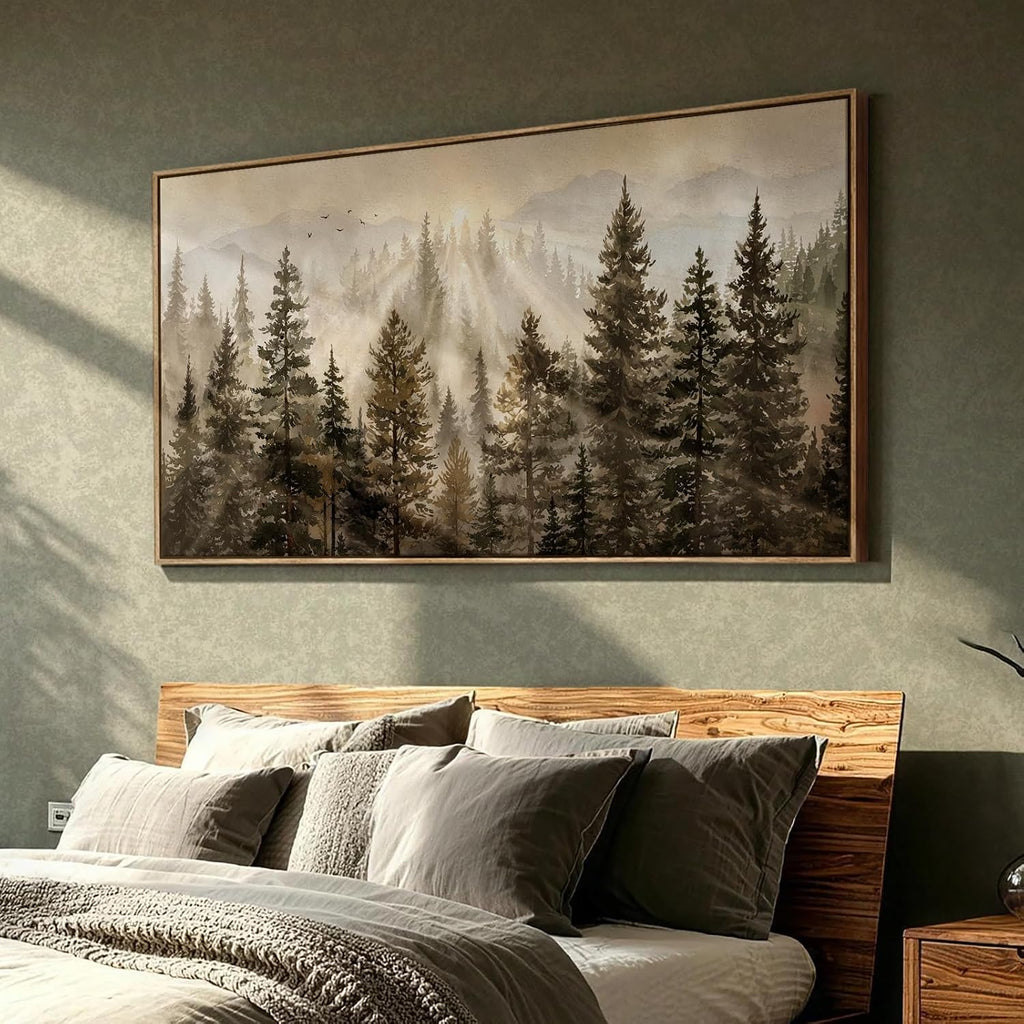 Extra Large Framed Forest Landscape Wall Art, Misty Pine Tree Mountain Nature Woodland Sunset Artwork for Walls