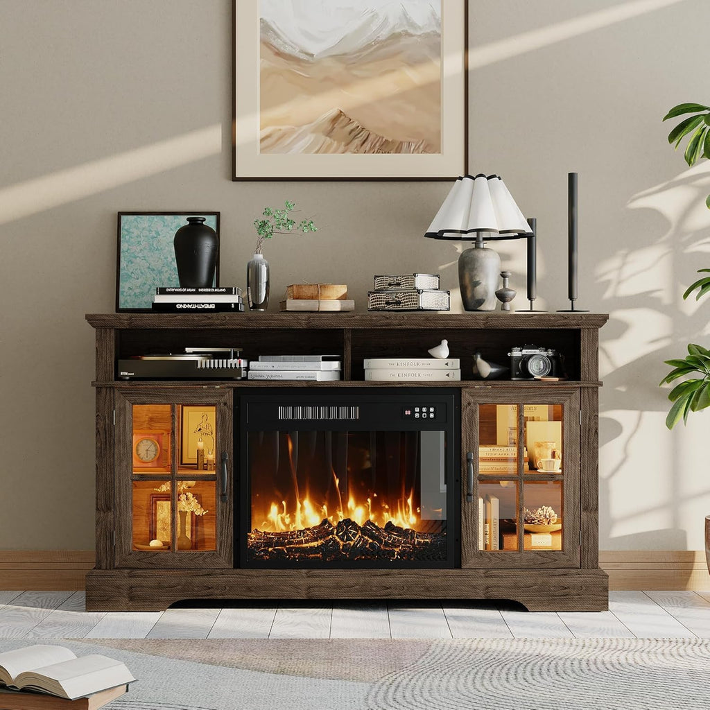 58" Fireplace TV Stand, Modern Entertainment Center for TVs Up to 70", TV Console with Storage Cabinets, Media