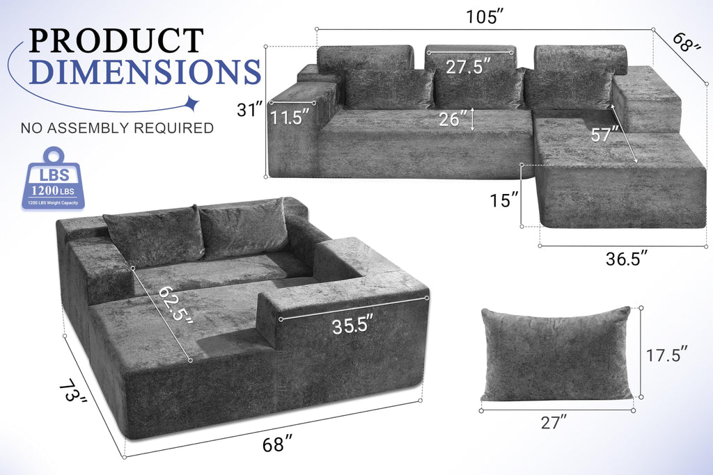 105" L-Shape Modular Sectional Sofa Couch, No Assembly Required, Modular Comfy Sofa with Deep Seat Bedroom, Luxury