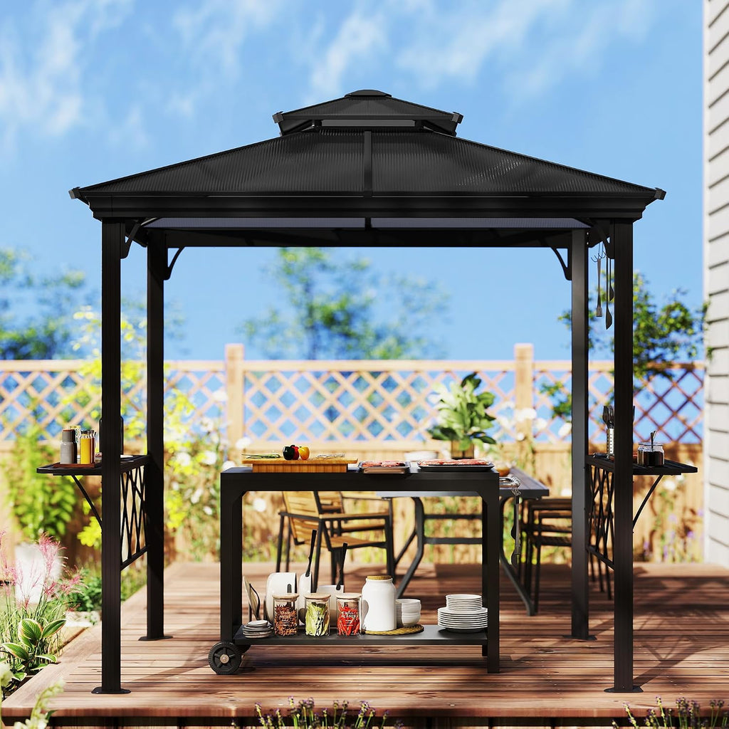 9 x 5 ft. Grill Gazebo, Hardtop BBQ Gazebo Canopy with 2-Tier Polycarbonate Roof, Shelves, Serving Tables