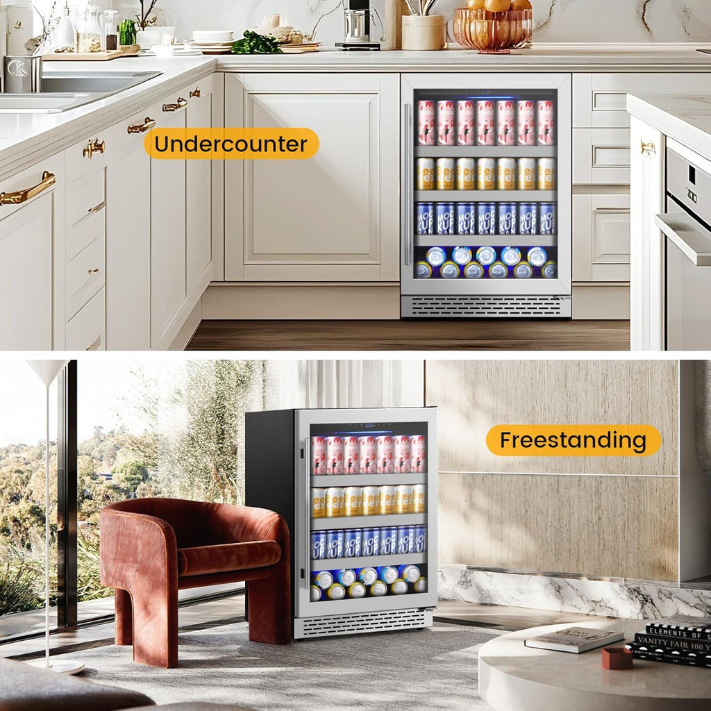 24 Inch Beverage Refrigerator,190 Cans Freestanding/Under Counter Beverage Fridg