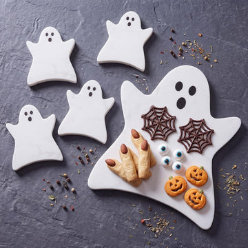 Halloween Ghost Marble Cheese Board with 4 Ghost Coasters Set Charcuterie Cutting Tray Halloween Marble Serving