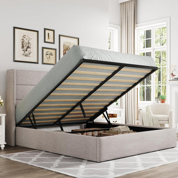 Queen Lift Up Storage Bed, Modern Wingback Headboard, Hydraulic Support, No Box Spring Needed, Light Beige