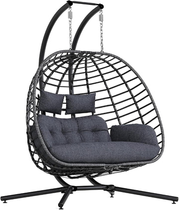 Double Egg Swing Chair 650lbs 2-Person w/Stand Dark Grey | 650lb cap, 52" cross base, shock-absorbing spring, 6