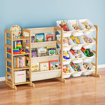 3-in-1 Toy Storage Organizer with 4 Shelves and 12 Bins, Toy Organizers Storage 3-Tier Bookshelf, Kids Bin Shelf Box