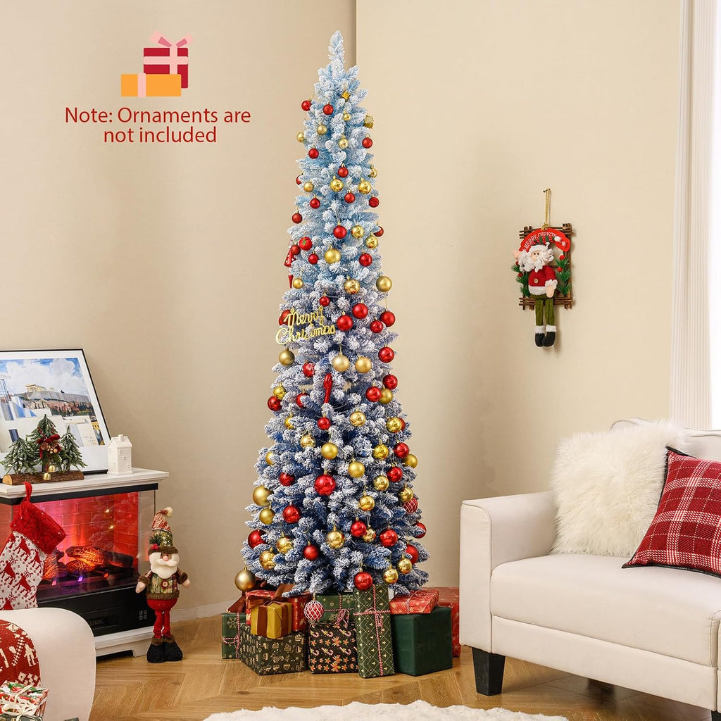 7 FT Pre-lit Flocked Pencil Christmas Tree Blue Slim Artificial Xmas Tree with 588 Branch Tips, 290 Warm White LED