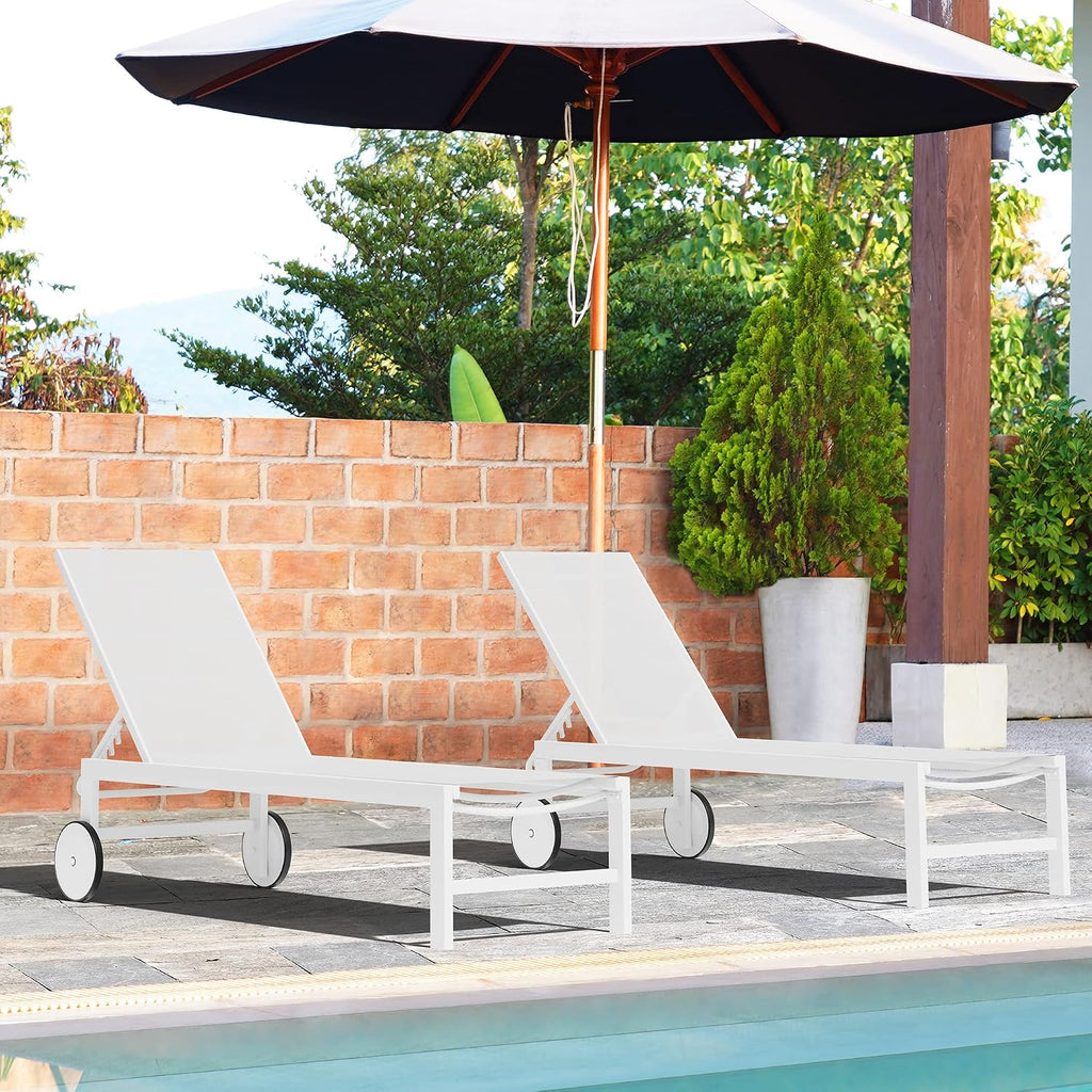2 PCS Outdoor Chaise Lounges Chair with Wheels Aluminum Reclining Patio Lounge Chairs with 5 Adjustable Position