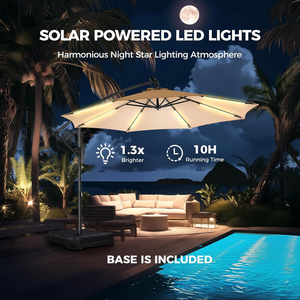 10 ft Offset Patio Umbrella with Solar Lights, LED Lighted Umbrella Outdoor Patio with Base Included - Beige