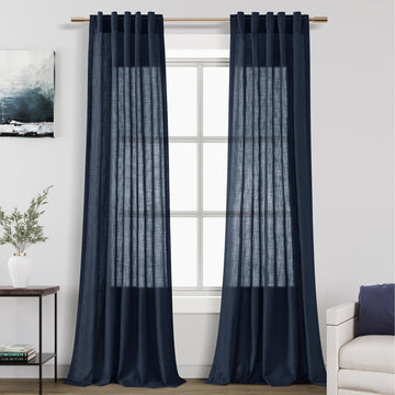 Navy Blue Linen Blend Drapes 84 Inch Length 2 Panels Set Back Tab Rod Pocket Light Filtering Semi Sheer Textured