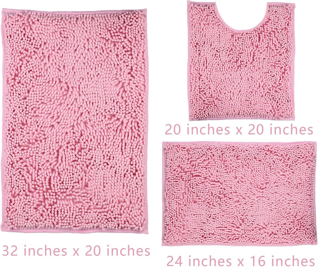 Pink Bathroom Rugs Sets 3 Piece Washable, Luxury ,Chenille Bath Mat Set, Soft Plush Anti-Slip Rectangular Bath, Rug