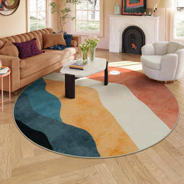 Mountain Round Rugs 8ft, Abstract Circle Rug for Living Room Non Slip Washable Bedroom Area Rug, Sof