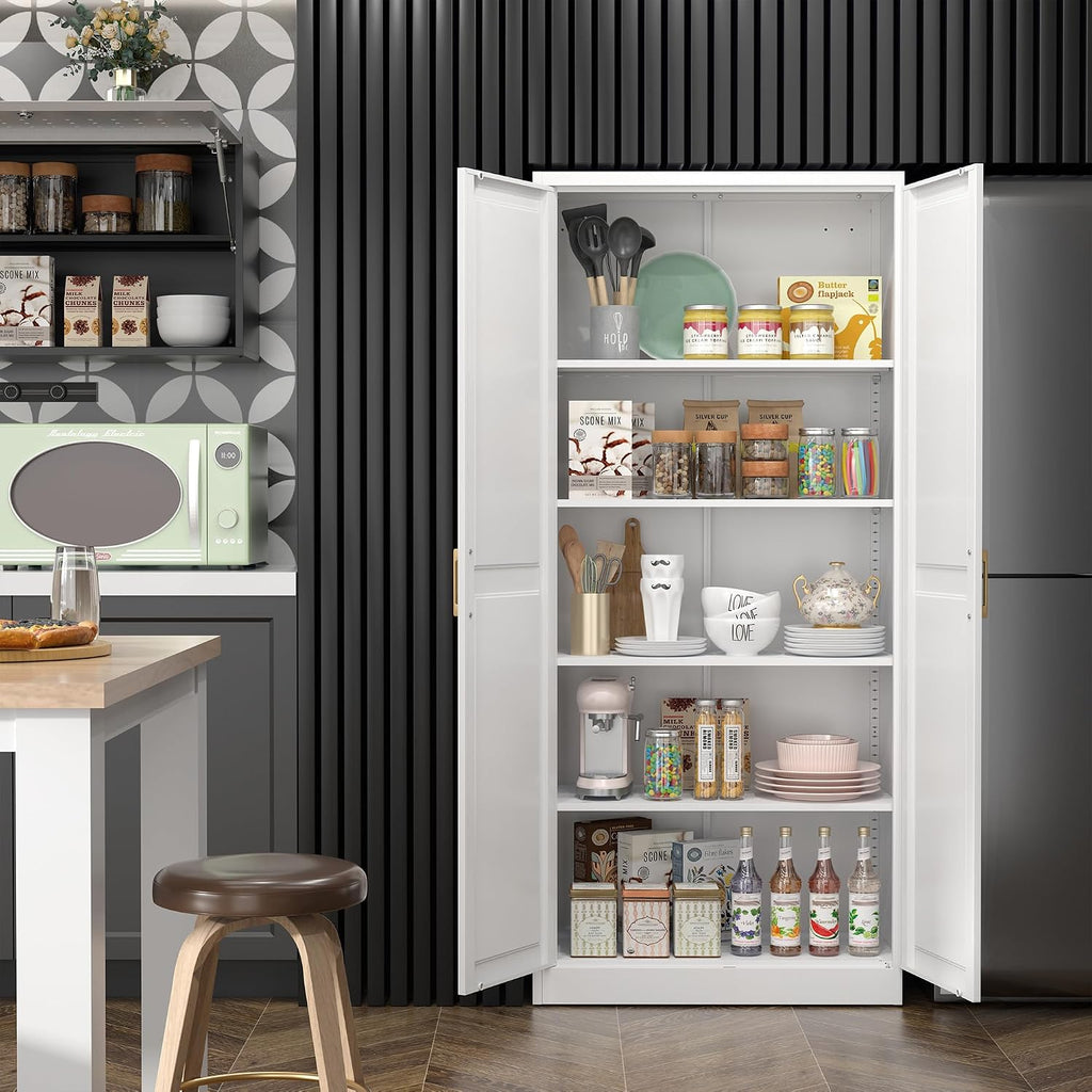 71"Metal Pantry Storage Cabinet with Doors & 4 Adjustable Shelves | Kitchen Pantry Cabinet,White Kitchen Cabinet with