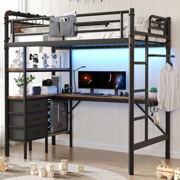 Twin Loft Bed with L-Shaped Desk, LED Lights,Charging Station