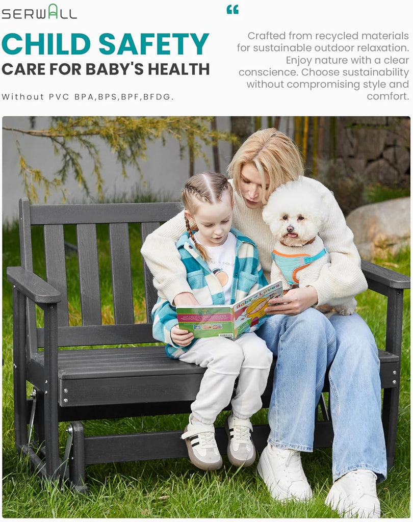 2 Person Patio Glider Bench, HDPE All Weather Swinging Bench, Grey