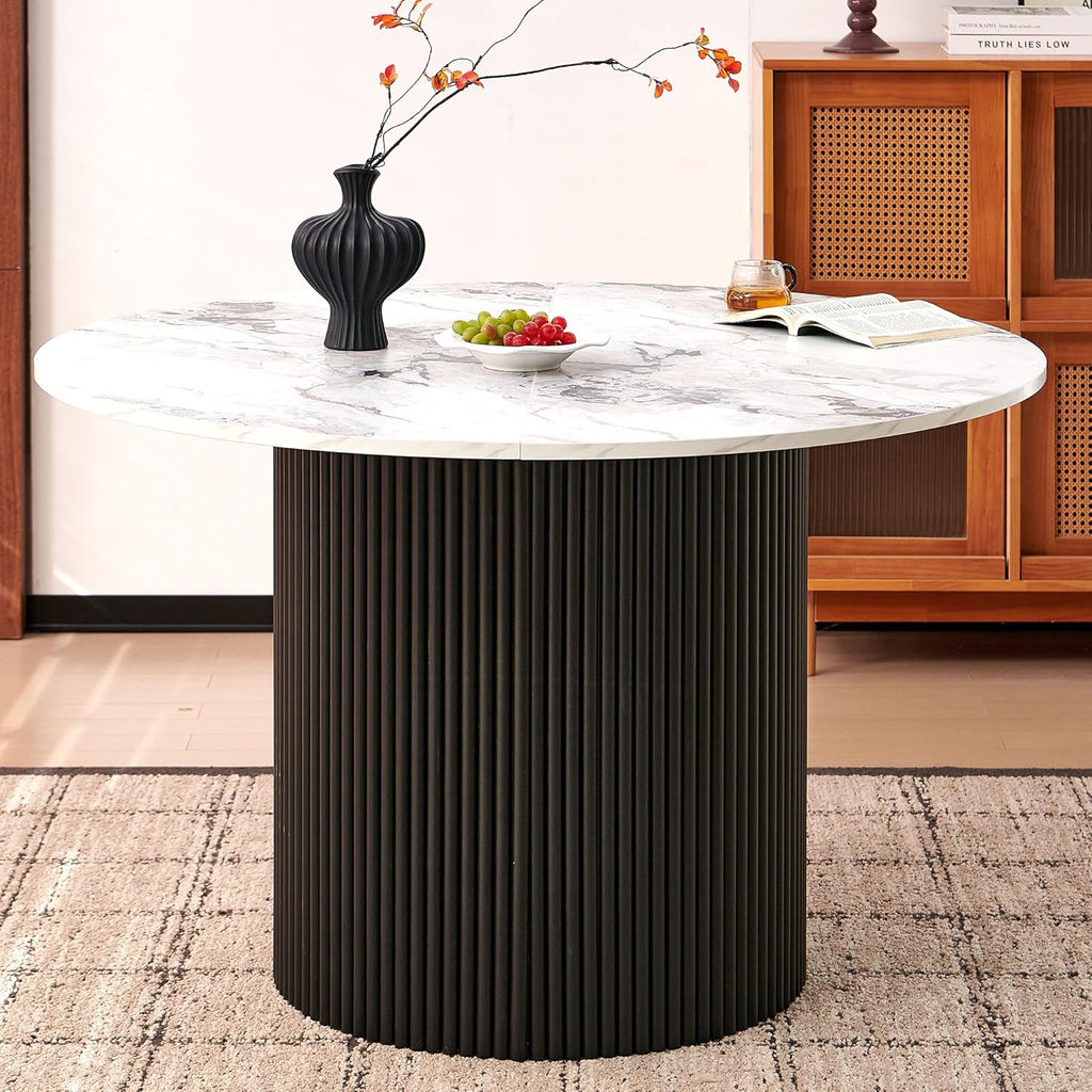 Modern Round Pedestal Dining Table for 4-6, 47" Kitchen Table with White Marble Grain Tabletop Engineered Wood Base