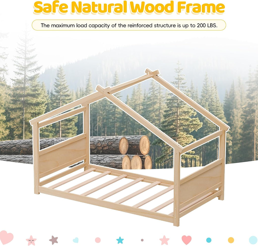 Tw Bed, Montessori Floor Bed with Headboard & Footboard, Solid Wood Bed Frame for Toddlers Kids Bedroom, Natural