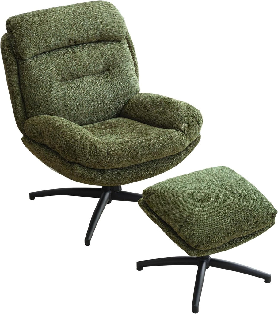 Modern Reading Chair and Ottoman — Green Chenille