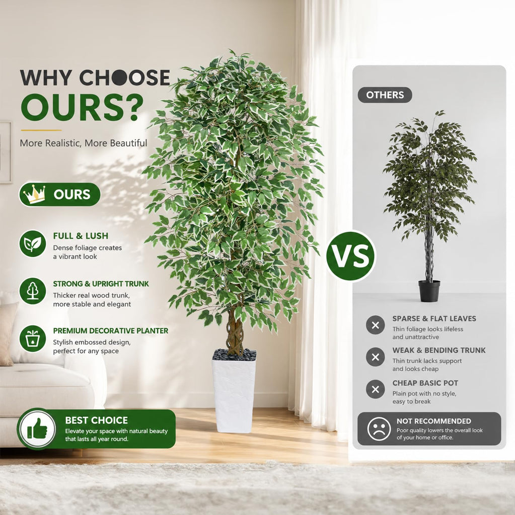 Artificial Ficus Tree 6FT, Large Fake Tree Decor (White Planter)