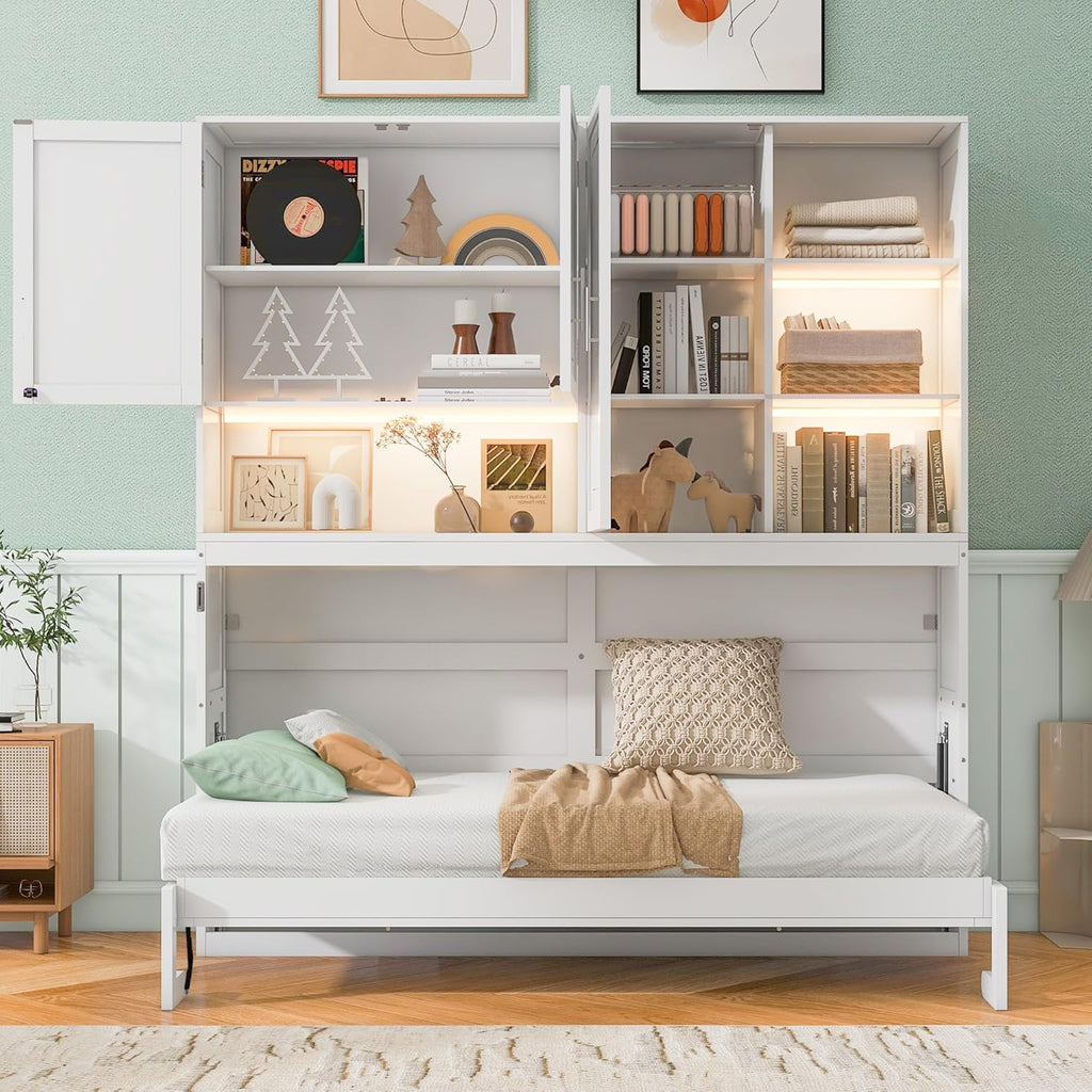 Twin Wall Murphy Bed with Top Cabinet, Shelves,Space Saving Foldable Bed with Light & USB,Sleeping Arrangement for