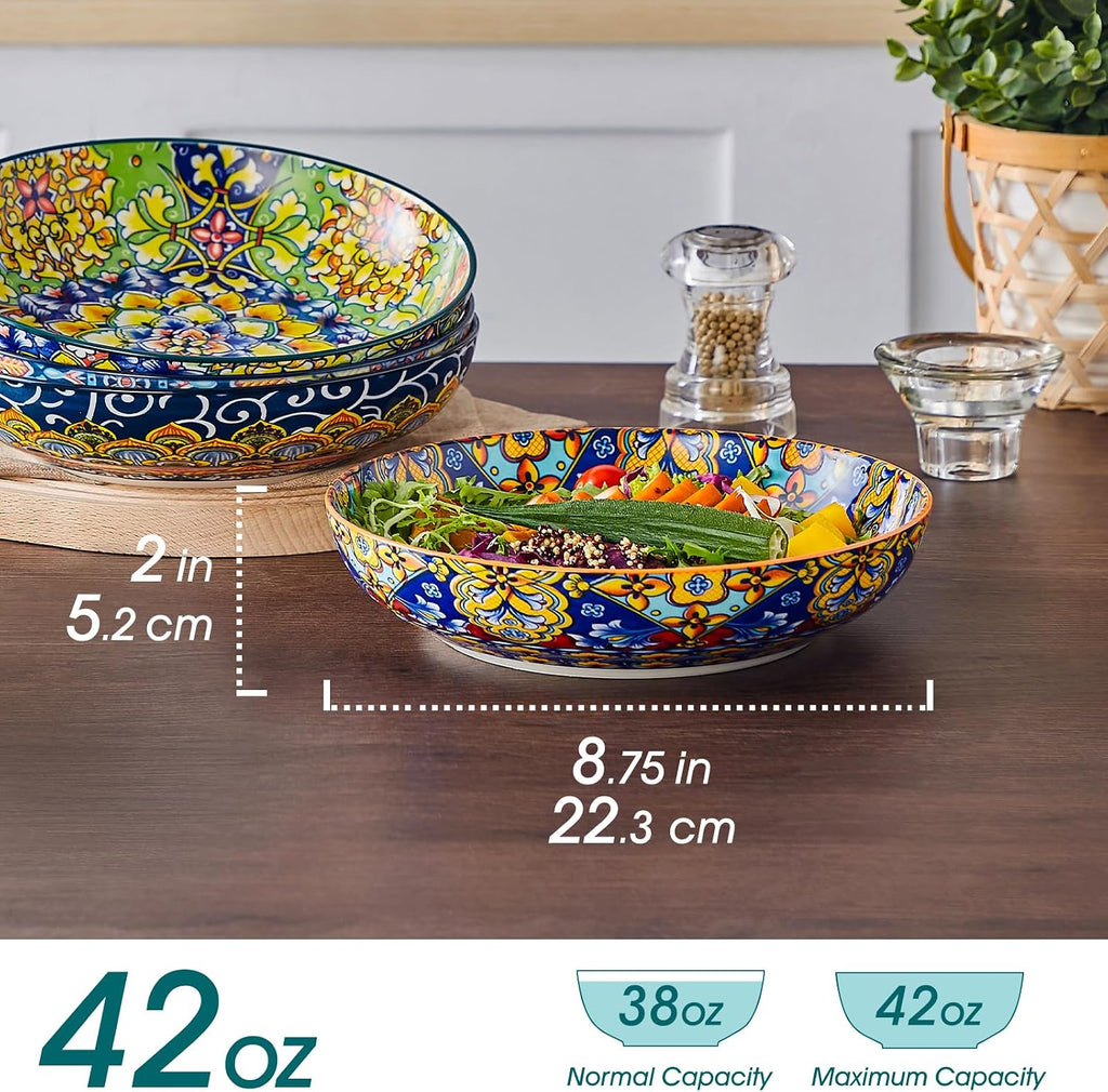 Pasta Bowls Set of 4, 42oz Ceramic Serving Bowls,Boho Pasta Plates | Large Shallow Bowls for Pasta, Salad, Soup, 42