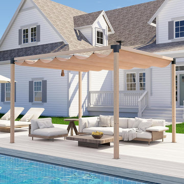 10x12 FT Retractable Pergola with Solar LED Lights, Wood-Grain Aluminum Frame, Water & UV-Resistant Adjustable Canopy