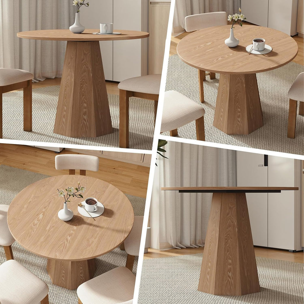 39” Round Solid Wood Dining Table for 4-5 People, Modern Pedestal Kitchen Table with Octagon Base, Circle