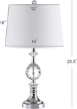 25.5" Clear Crystal and Chrome Table Lamp, Glam Faceted Sphere Bedside Lamp with White Linen Drum Shade