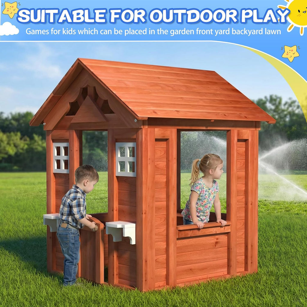 Wooden Kids Playhouse, Solid Firwood Outdoor Playhouse with 2 Windows, Flowerpot Holder & Snack Window for Backyard