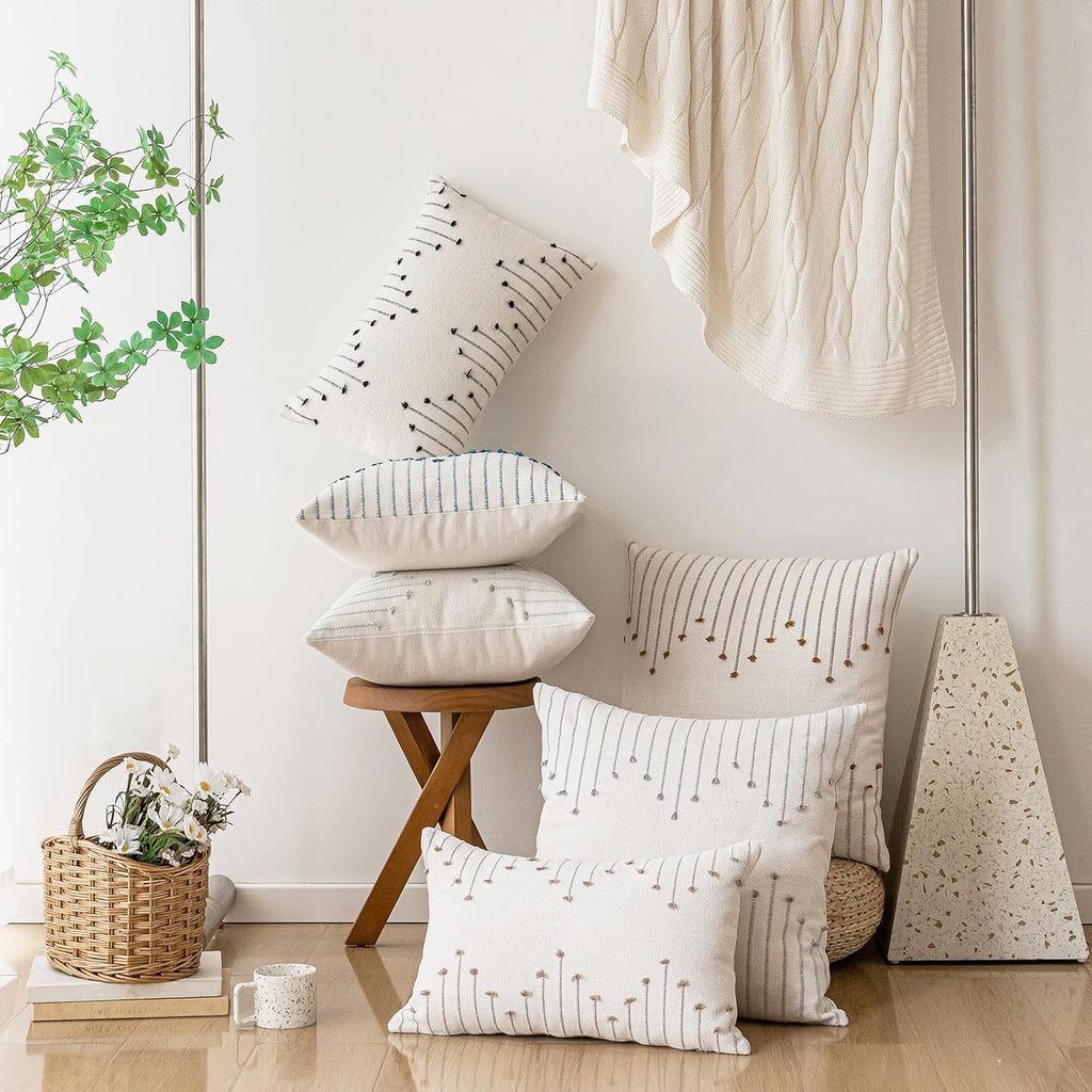 Boho Throw Pillow Covers 18x18 Set of 2 Neutral Decorative Textured Cushion Case Farmhouse Pillowcase Modern Square