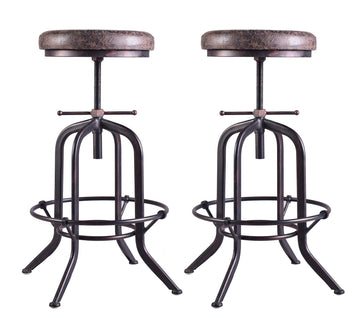 Set of 2 Industrial Bar Stool-Adjustable Swivel Vintage Pu Leather Bar Stool-Rustic Bar Stool with Cushion-Cast Iron
