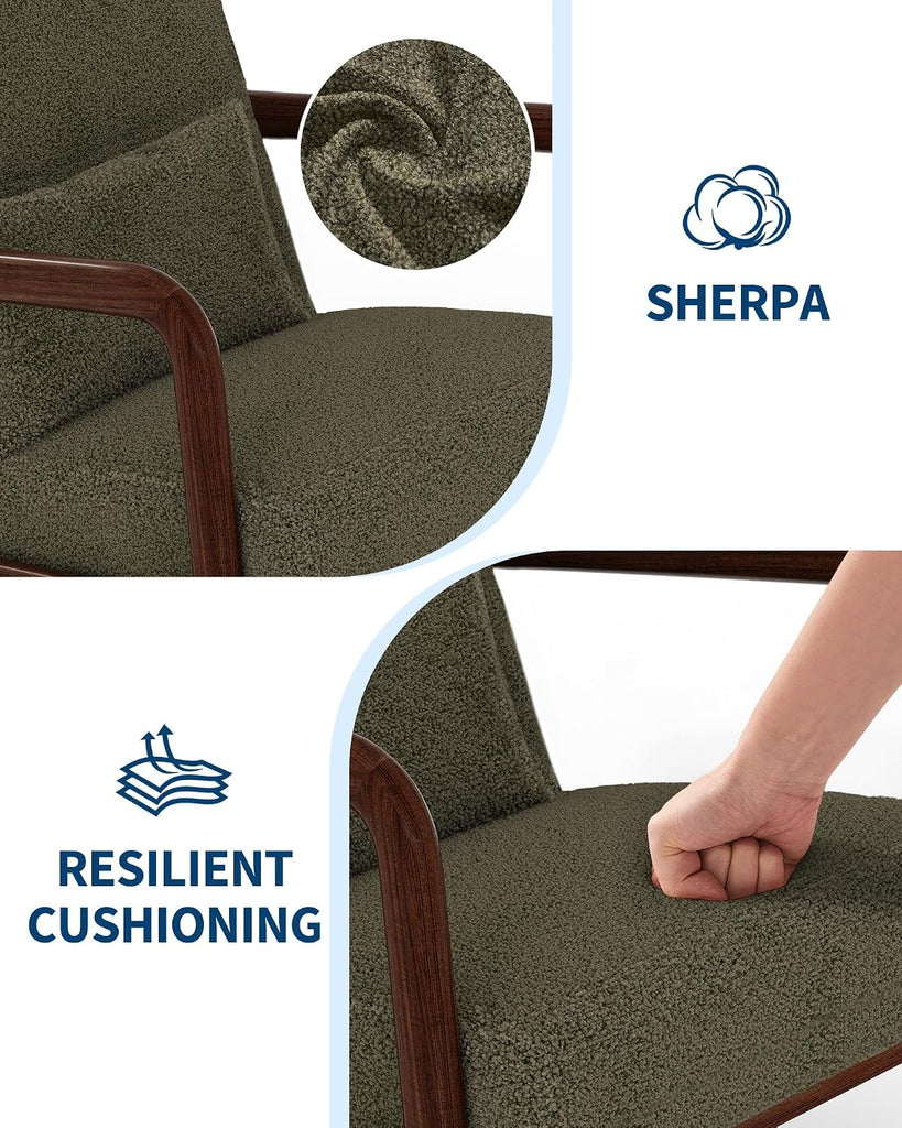 Mid-Century Modern Accent Chair, Chenille Upholstered Armchair with Wood Frame and Lumbar Pillow, Cozy Reading Chair