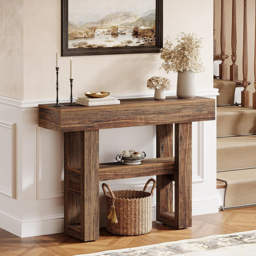 41.34-Inch Farmhouse Console Table, 2-Tier Narrow Sofa Table Behind The Couch, Entryway Furniture with Storage