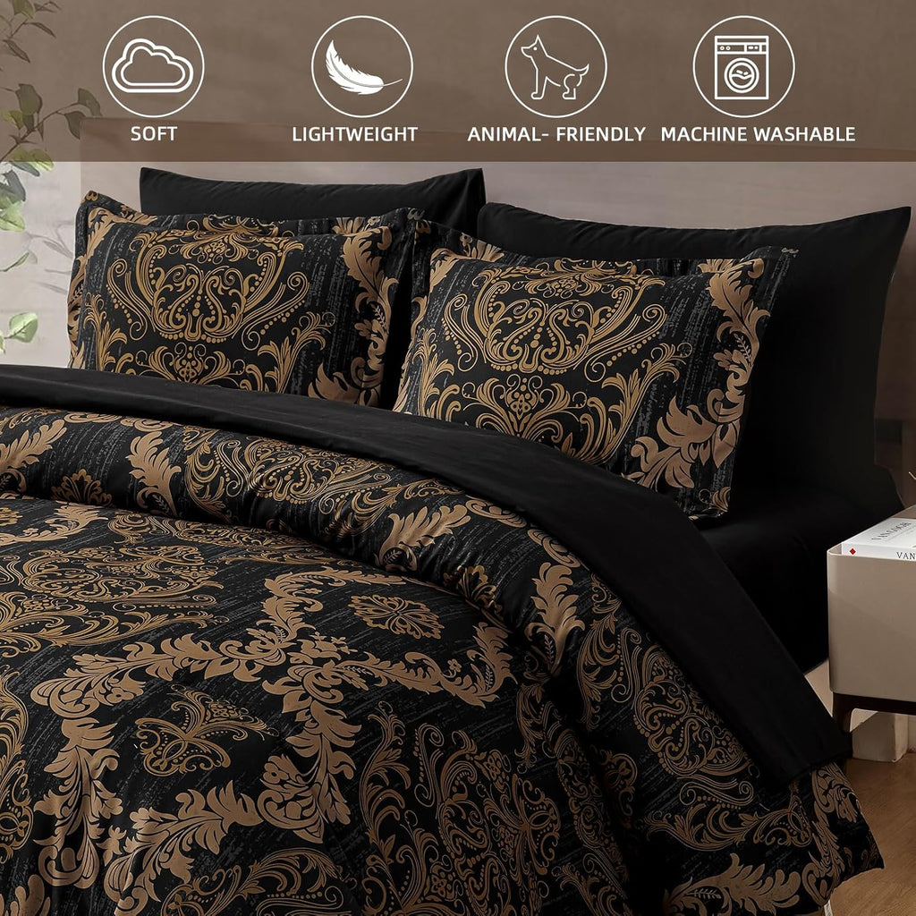Black Comforter Set, Gold Damask Texture 7 Pieces Bed in a Bag Microfiber Comforter Bedding Sets-1 Comforter