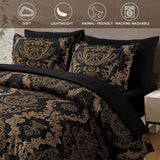 Black Comforter Set Queen, Gold Damask Texture 7 Pieces Bed in a Bag Microfiber Comforter Bedding Sets -1 Comforter