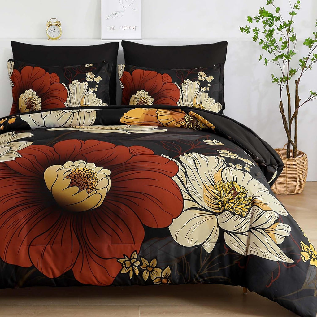 Black Floral Comforter Set 7 Pieces Bed in a Bag Flower Bedding Sets Lightweight Boho Bed Set
