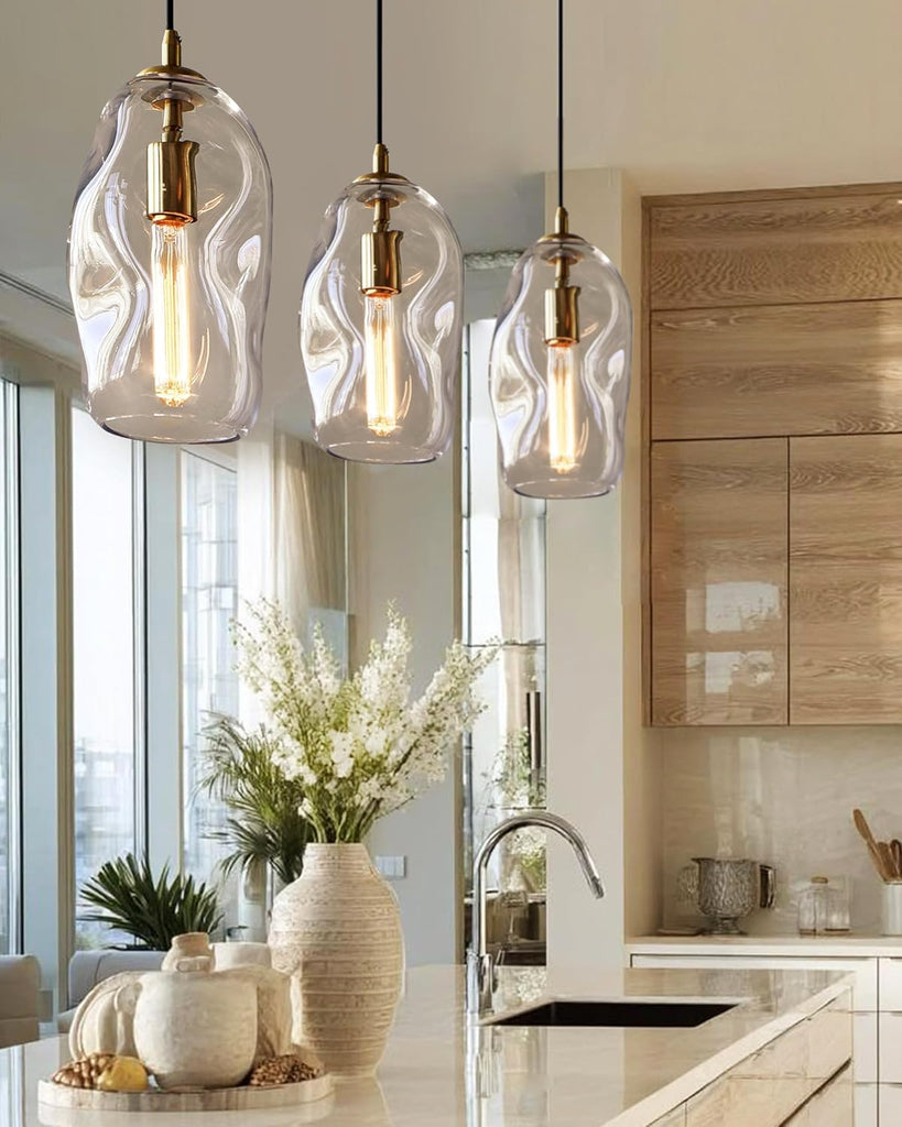 Modern Pendant Lights Kitchen Island Large Gold Hanging Light Fixtures for Dining Table Blown Art Glass Clear Organic